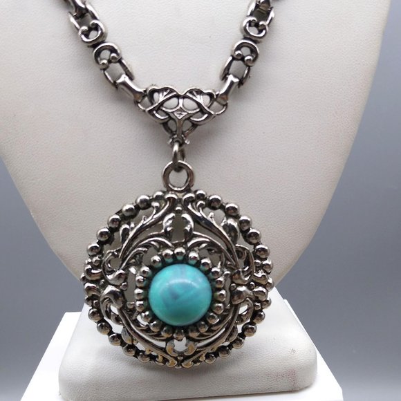 Vintage Bold and Chunky Medallion Lavalier, Marbled Plastic Cabochon Pendant - Picture 2 of 4